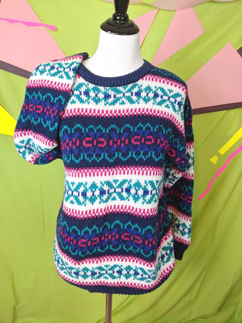 Vintage 1990s 90s Colorful Patterned Knit Sweater Size L Etsy