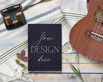 Download Free Birthday Invitation Mockup Country Rustic Styled Photography Girl's Teenager Invite Display Photo with Ukulele Cosmetics in Neutral Colors PSD Template