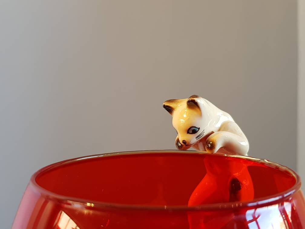 Small red glass brandy glass with ceramic Siamese cat and Etsy