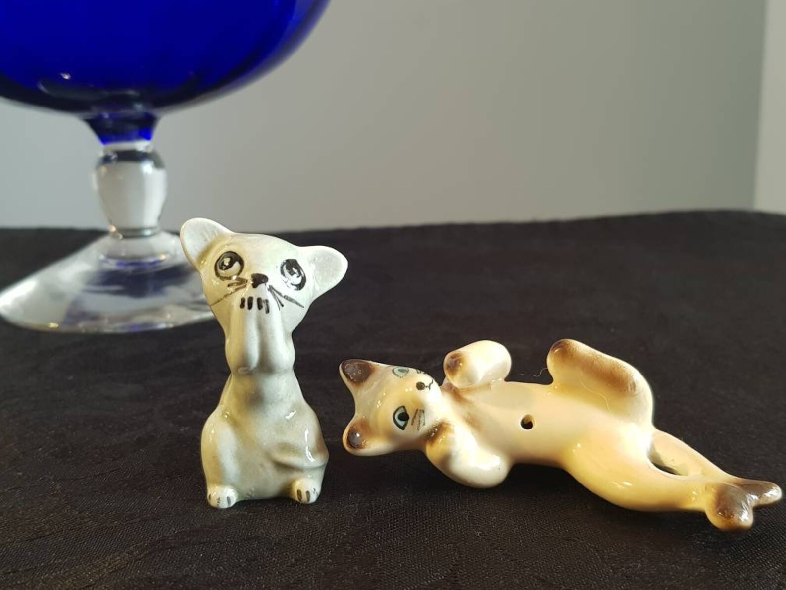 Blue vintage brandy glass with ceramic cat and mouse Etsy