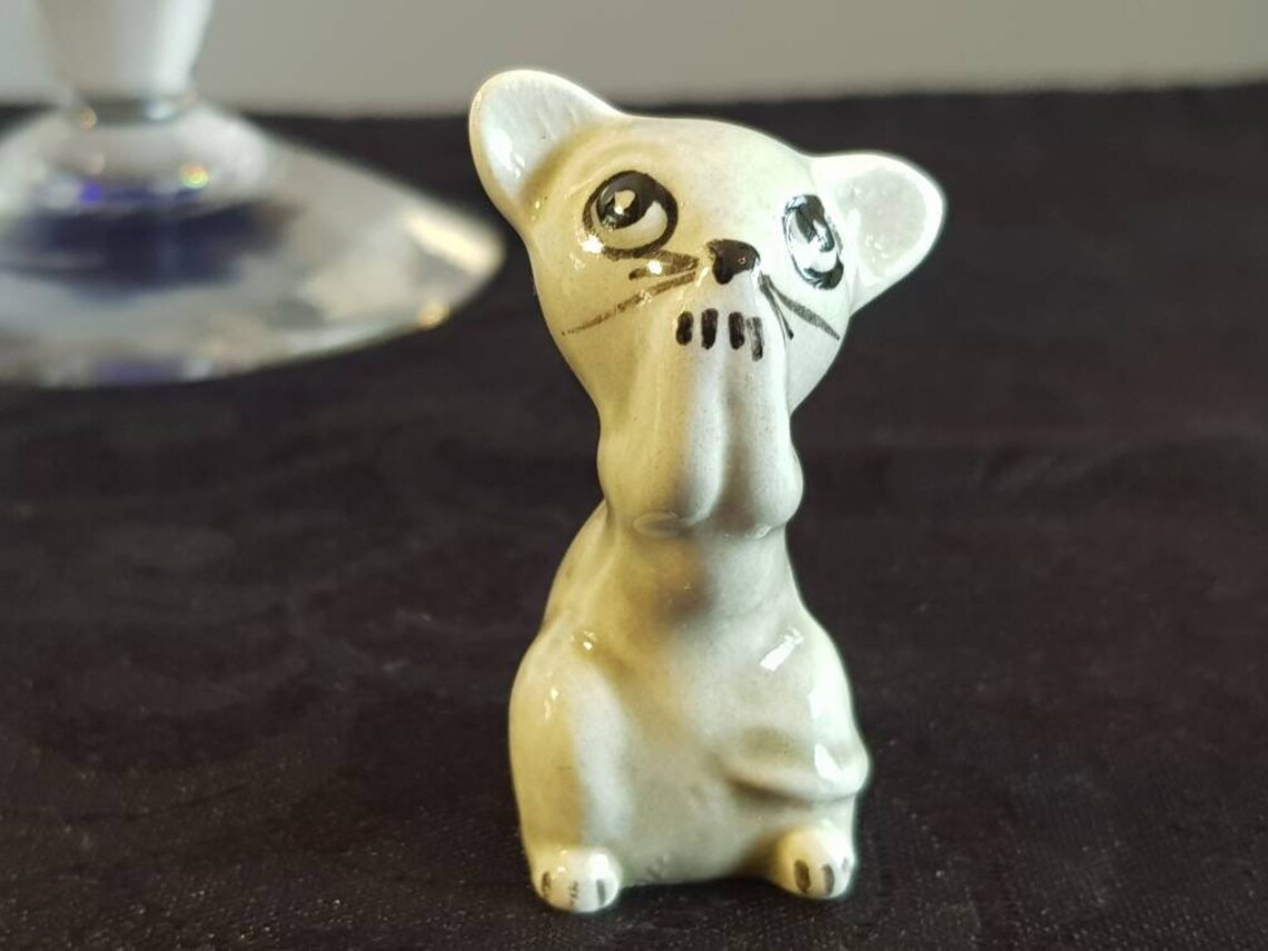 Blue vintage brandy glass with ceramic cat and mouse Etsy