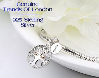 Sterling Silver Tree of Life Charm with Rose Gold Hearts & CZ Stones