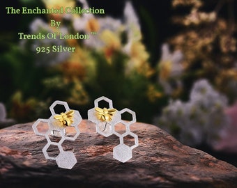Honeycomb Bee Earrings, Sterling Silver with Gold Inlay