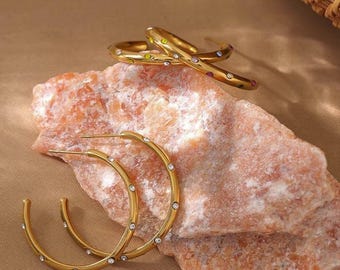 18K PVD Gold Plated Hoop Earrings with Cubic Zirconia – Waterproof Geometric Design