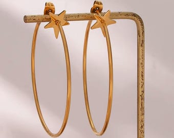 Trending Now | Pair of Gold Hoop Star Earrings 47 mm / XL Hoop / Over Size