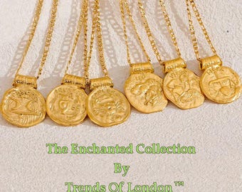 Zodiac Constellation Pendant Necklace, Hammered 18K Gold Plated Stainless Steel