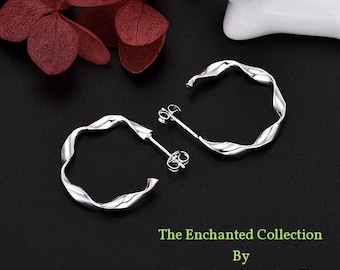Small Twist Sterling Silver Hoop Earrings, Large Creole Style (45mm)