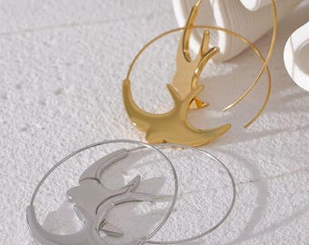 18K PVD Gold Plated Swallow Hoop Earrings – Geometric Bird Design, Gift for Her