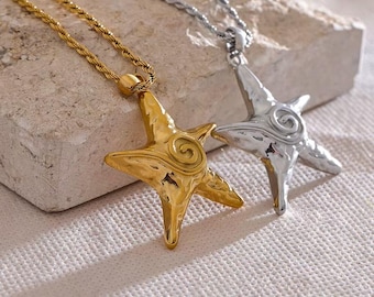 Starfish Pendant Necklace, Hammered 18K Gold Plated Stainless Steel gift for Mum