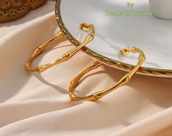 18K Gold Bamboo Hoop Earrings, Minimalist Stainless Steel Waterproof Jewelry (46mm)