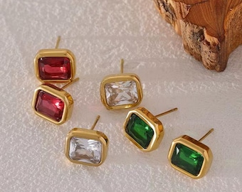 18k Gold Plated Stainless Steel Geometric Crystal Stud Earrings – Gift for Her
