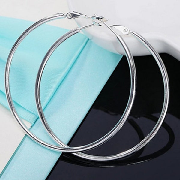 Trending Now | Pair of Sterling Silver Hoop Earrings 50mm 60mm 70mm 80mm  / Silver Hoops / Large Hoop Silver Earrings / XL Hoop / Over Size