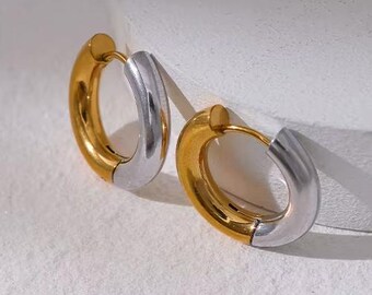 Gold or Two-Tone Geometric Hoop Earrings, Stainless Steel, PVD Gold Finish