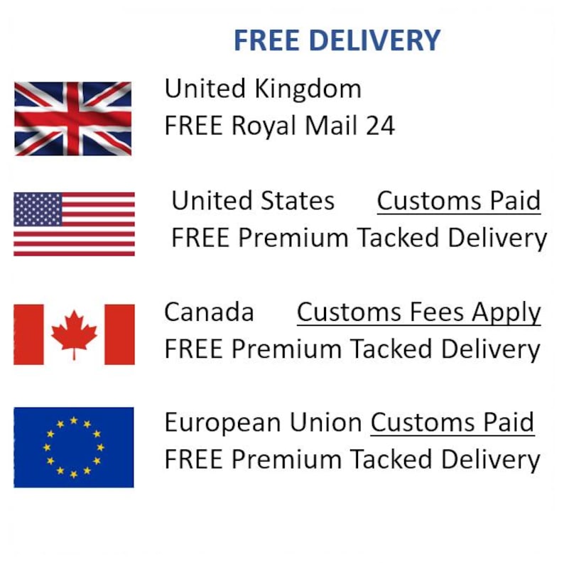 May include: Image with the text "FREE DELIVERY" and flags of the United Kingdom, United States, Canada, and the European Union. Each flag is paired with text indicating delivery details.