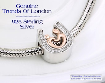Sterling Silver Horseshoe Charm: Rose Gold Mother & Child, Cubic Zirconia