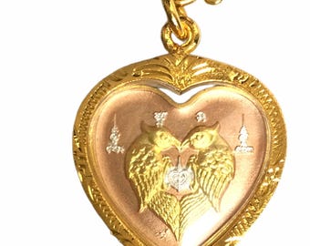 Gold Twin Sarika Bird Yantra 5 row Pendant: Thai Buddha Amulet for Luck & Wealth Blessed Sacred Powerful Talisman Necklace, Gift To Love One