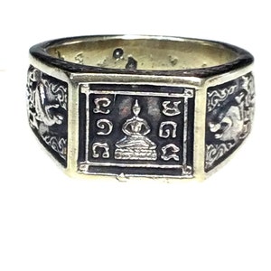 Anillo de mantra Yantra raro de LP Duu B.E. 2519, templo Sakae / Talismán protector de la suerte / Amuleto sagrado budista tailandés / Anillo vintage