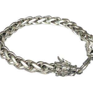 Rzadka srebrna bransoletka smoka / talizman ochronny mantry / szczęśliwy urok smoka z główkami z drewna / błogosławiony święty tajski amulet szczęścia