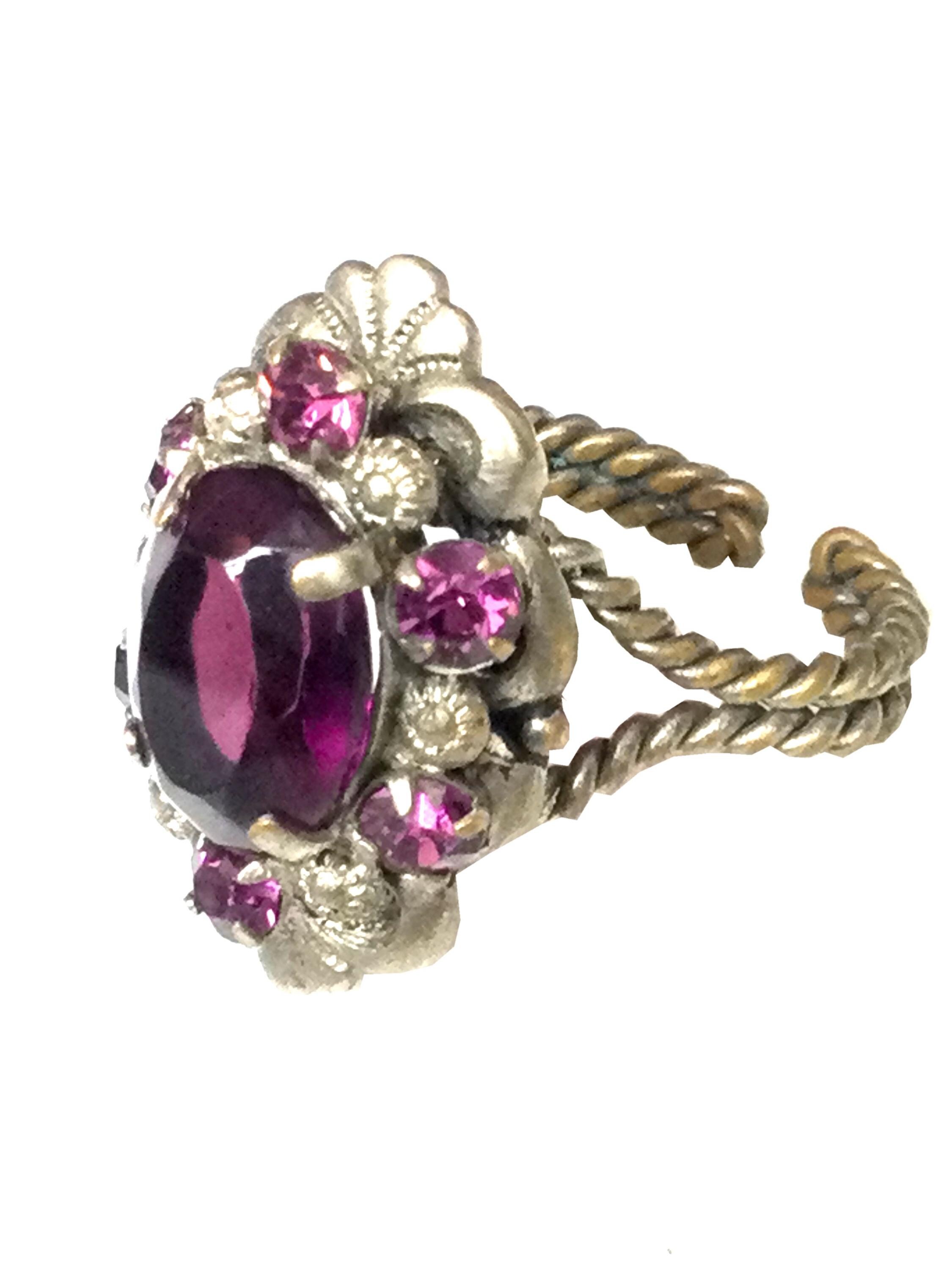 ヴィンテージパープルジェムストーンリング：幸運のシルバー