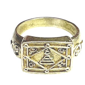 Op de afbeelding: Een goudkleurige ring met een rechthoekige voorkant met een reliëf ontwerp. De voorkant van de ring heeft een centraal embleem omgeven door geometrische patronen en decoratieve krullen. De band heeft krullen aan de zijkanten.
