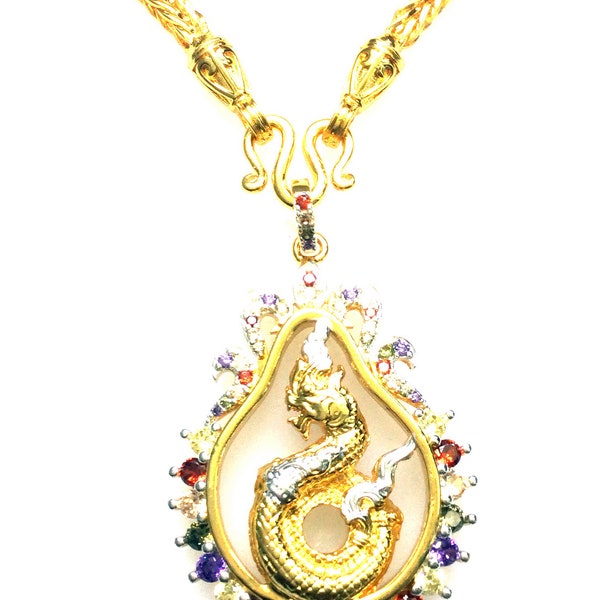 Gold Naga Locket Pendant Jewelry Multi-Colors Gemstone Design Come with Gold Micron Necklace Luxury And Rare Powerful Lucky Amulet N31567