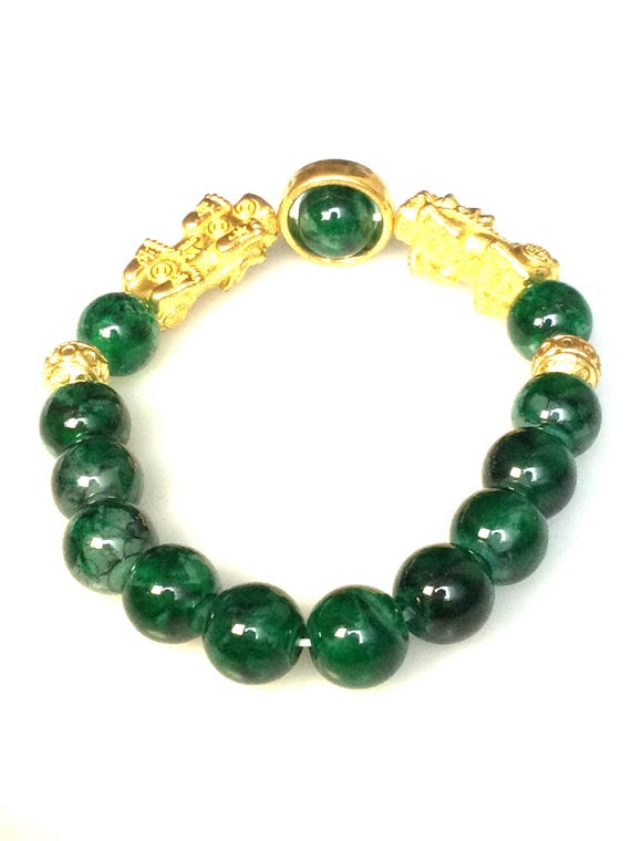 Gold Dragon Green Jade Bracelet: Thai Buddha Amulet, Wealth
