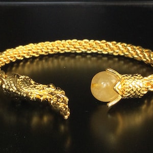 Rare Golden Naga with Gold Maithong Stone Powerful Bracelet / Lucky and Charm Bracelet / Protective Thai Amulet / Golden Rutilated Quartz