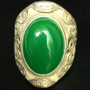 Rare Green Jade Stone Magic Silver Ring / Talisman for Protection against Misfortunes and Various Disaster / Blessed Thai Buddhist Amulet S9