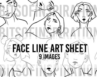 Line Drawing Face Digital Stamp Set - Mixed Media Girl Clip Art - Smash Book or Art Journal Supply