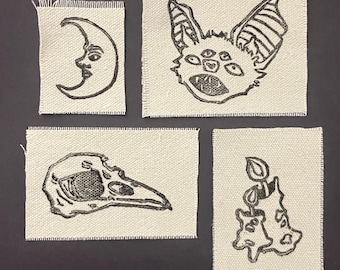 Hand Printed Canvas Patch Pack – Moon, Bat, Skull, Candle