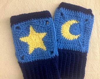 Handmade Crochet Celestial Fingerless Gloves - Star and Moon Accessories - Whimsigoth Style