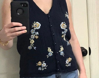 Vintage Sweater Vest - Navy Floral Embroidered Vest - Preloved Carolyn Taylor