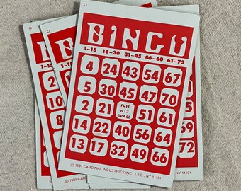 80s Red Vintage Bingo Cards, Old Paper Ephemera Pack - Cardinal Bingo - Smash Book or Junk Journal Supply