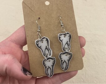 Handmade Teeth Earrings - Shrink Plastic Jewelry - Creepy Tooth Dangle Earrings