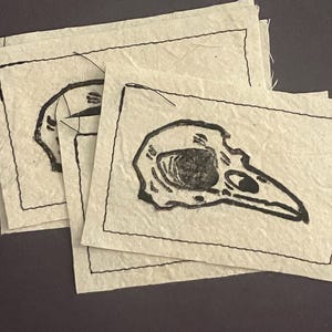 May include: A stack of handmade paper cards featuring a black ink illustration of a bird skull. The cards have a rough, textured surface and are outlined with a black border. The background is a dark gray.