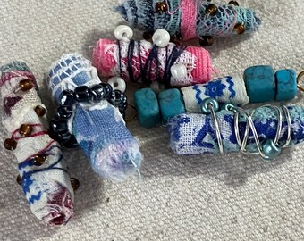 6 Boho Fabric Beads, Handmade Fiber Art Beads - Smash Book or Junk Journal Charms