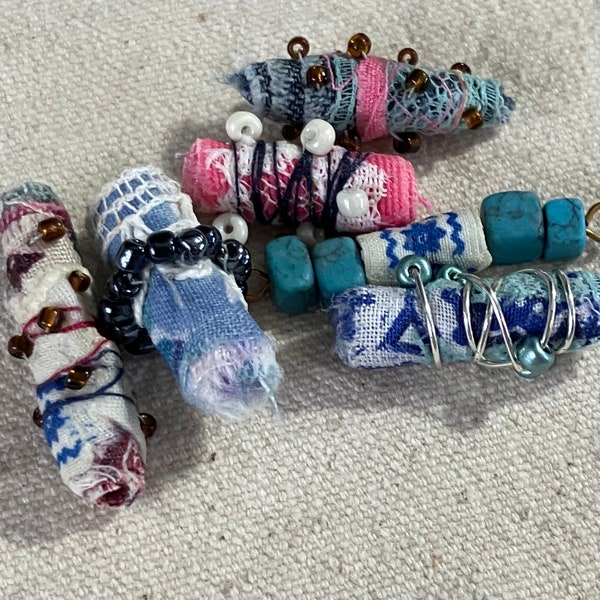 6 Boho Fabric Beads, Handmade Fiber Art Beads - Smash Book or Junk Journal Charms