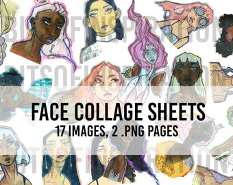 May include: A collage sheet with 17 images of faces drawn in different styles. The faces are drawn in various colors, including pink, blue, green, and brown. The text "FACE COLLAGE SHEETS 17 IMAGES, 2 .PNG PAGES" is at the bottom of the sheet.