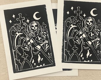 Grim Reaper Block Print - 5"x7" Monoprint Art Print - Black and White Gothic Illustration