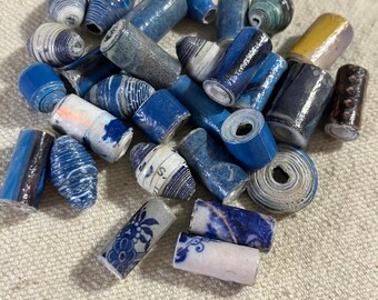 32 Handmade Paper Beads - Blue Upcycled Paper Beads Lot - Smash Book or Junk Journal Shop