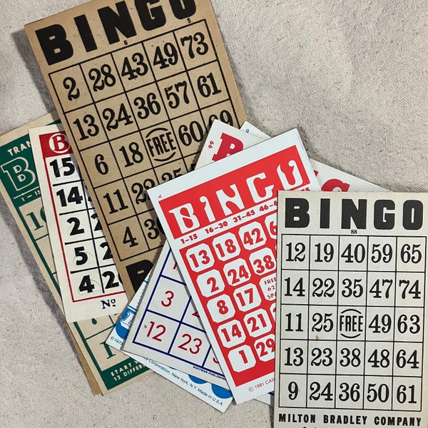 8 DIFFERENT Vintage Bingo Cards Lot - Assorted Old Paper Ephemera Pack - Smash Book or Junk Journal Supply