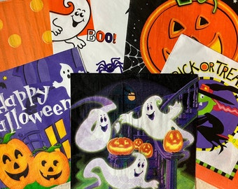 6 Vintage Halloween Napkins - Assorted Decoupage Paper Napkin Bundle - Ghosts, Pumpkins, Bats - Smash Book or Junk Journal Shop