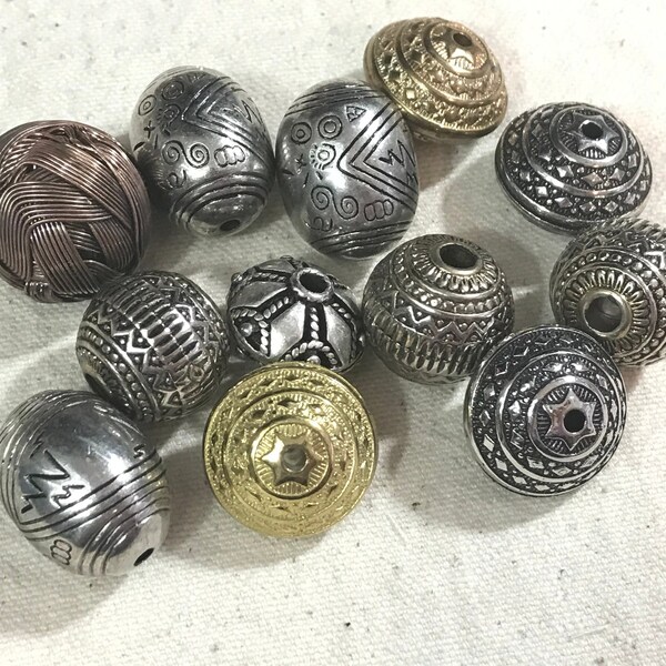 12 Large Metallic Beads Lot - Intricate Beads - Metal and Round Acrylic Beads - Smash Book or Junk Journal Charms