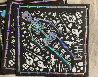 4 Holographic Skeleton Paper Napkins for Decoupage - Spooky Halloween Paper Napkin Lot - Smash Book or Junk Journal Supply