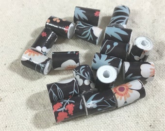 18 Handmade Paper Beads - Floral Tube Beads - Upcycled Paper Bead Lot - Smash Book or Junk Journal Charms