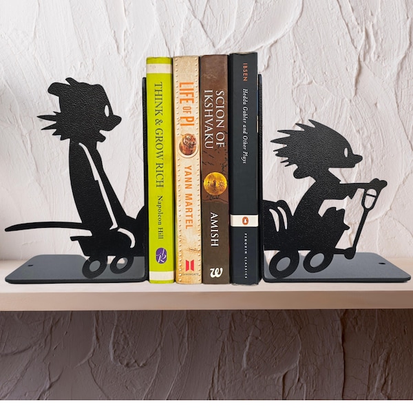 Calvin and Hobbes Metal Bookends: Whimsical Nursery Decor, Bookends for kids, Decorative Bookends, Children’s Bookends