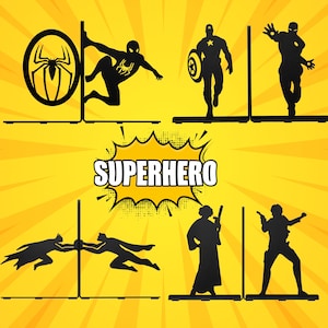 May include: Set of six black metal bookends featuring different superhero characters. The bookends are shaped like Spiderman, Captain America, Iron Man, Batman, Wonder Woman, and Han Solo. The bookends are on a yellow background with the word "SUPERHERO" in a comic book style font.