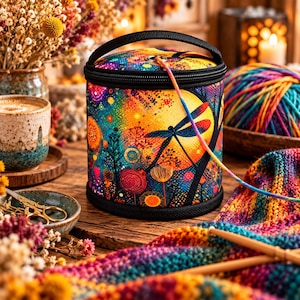 Könnte beinhalten: Eine zylindrische Garnaufbewahrungstasche mit einem lebendigen, mehrfarbigen Druck einer Libelle vor einem großen gelben Mond und stilisierten floralen Elementen. Die Tasche hat einen schwarzen Reißverschlussdeckel mit Metallöse und Tragegriff.