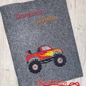 Zeugnis, Zeugnismappe, Zeugnishülle, Zeugnisse, gestickt, Filz, Monstertruck, Junge, Mädchen, personalisierbar, mit Namen, Einschulung