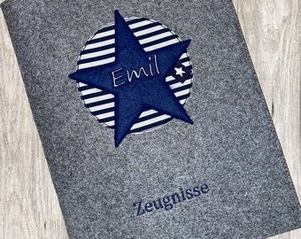 Zeugnis, Zeugnismappe, Zeugnishülle, Zeugnisse, gestickt, Filz, Stern im Kreis, Junge, Mädchen, personalisierbar, mit Namen, Einschulung